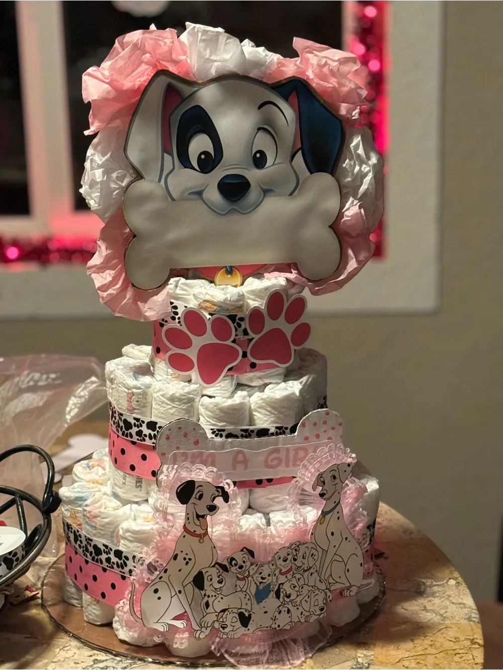 Woodland Baby Shower Diaper Cake with Purple Ribbon and Floral Accents